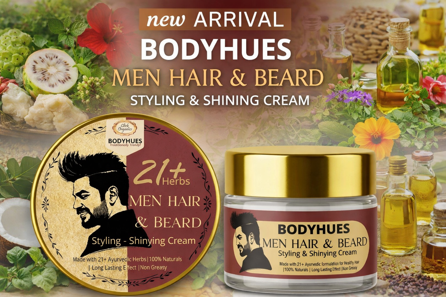 Hair & Beard Styling & Shining Cream - BODYHUES Men Hair Cream | Ayurvedic Hair & Beard Care for Men - 50gm