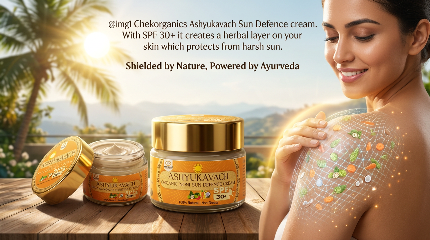Sun Protection - CHEKORGANICS Ashyukavach Organic Noni Sun Defence Cream SPF 30+ | Natural Ayurvedic Sunscreen | Broad Spectrum Protection 50gm