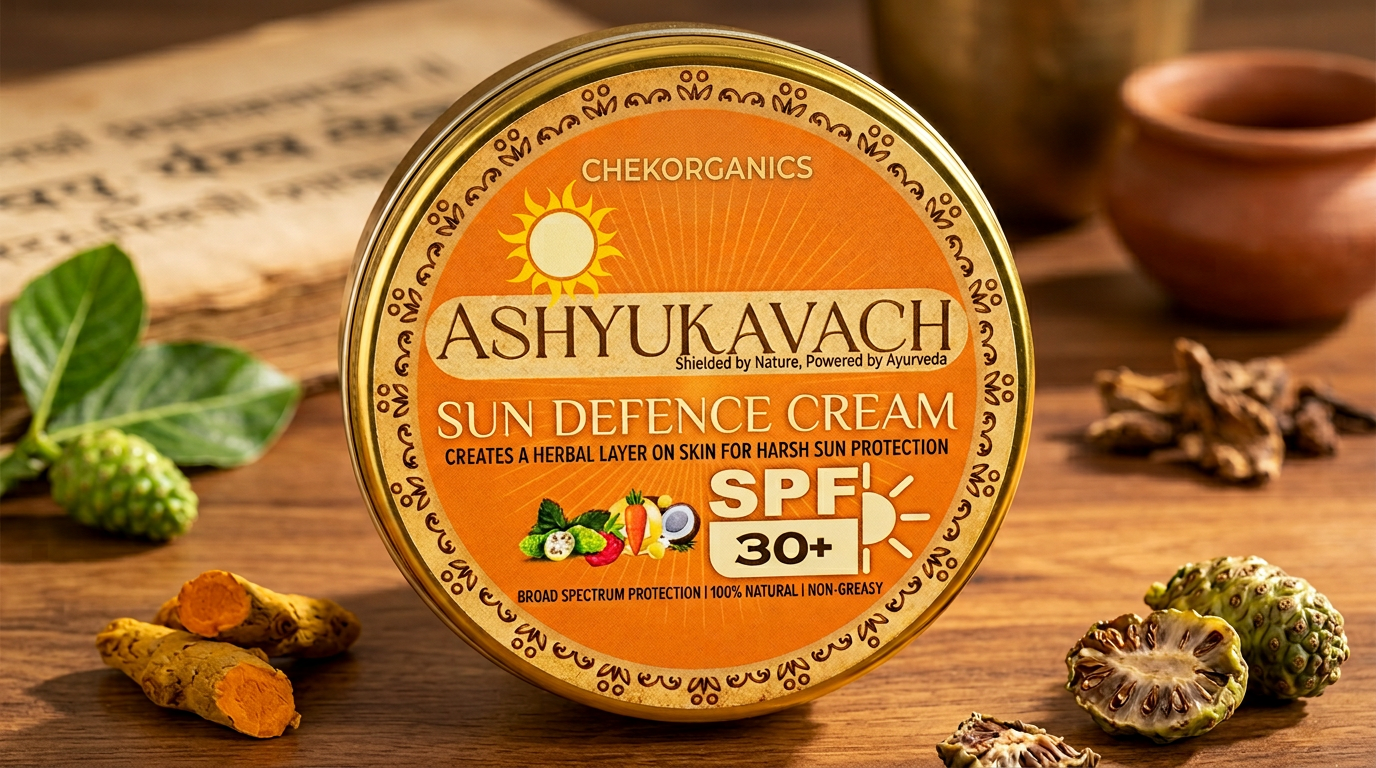 Sun Protection - CHEKORGANICS Ashyukavach Organic Noni Sun Defence Cream SPF 30+ | Natural Ayurvedic Sunscreen | Broad Spectrum Protection 50gm
